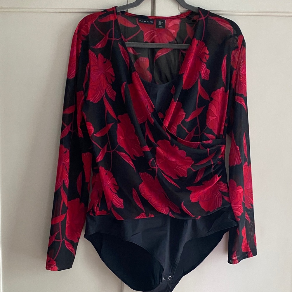 Tahari Black and Red Floral Bodysuit